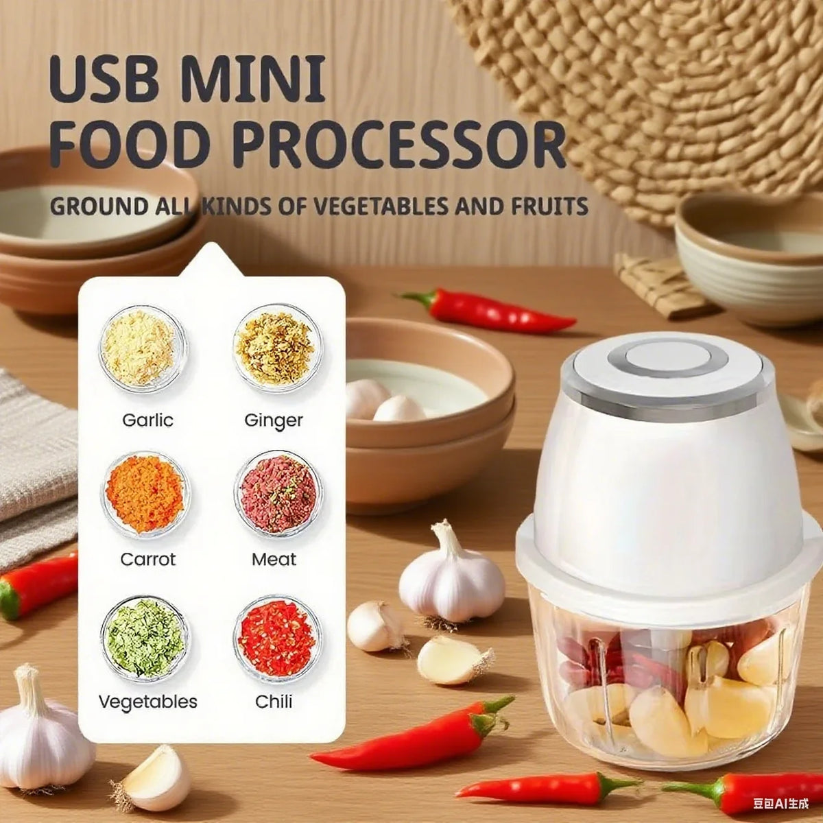 Electric Food Chopper 350 mL 6 Blade USB-C Rechargeable Garlic Mincer - White