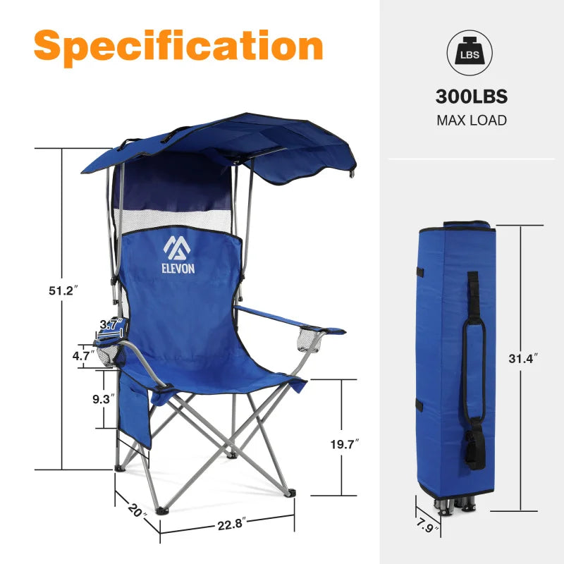 Camping Chair with Adjustable Awning Folding Outdoor Rocking Chair Cup Holder – Blue
