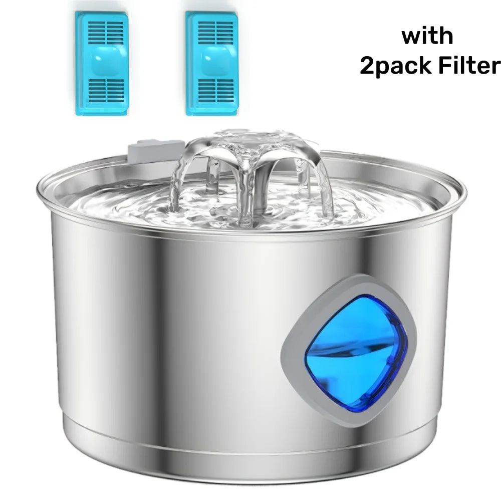 Pet Water Fountain 2.8 L Stainless Steel Cat Dog Drinker with 2 Filters - Silver