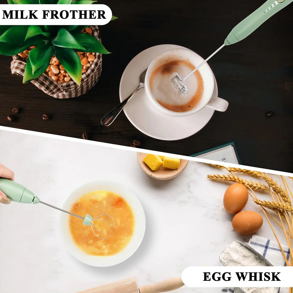 Rechargeable Electric Milk Frother 3 Speed Handheld Whisk with Dual Stainless Steel Heads and Stand – White