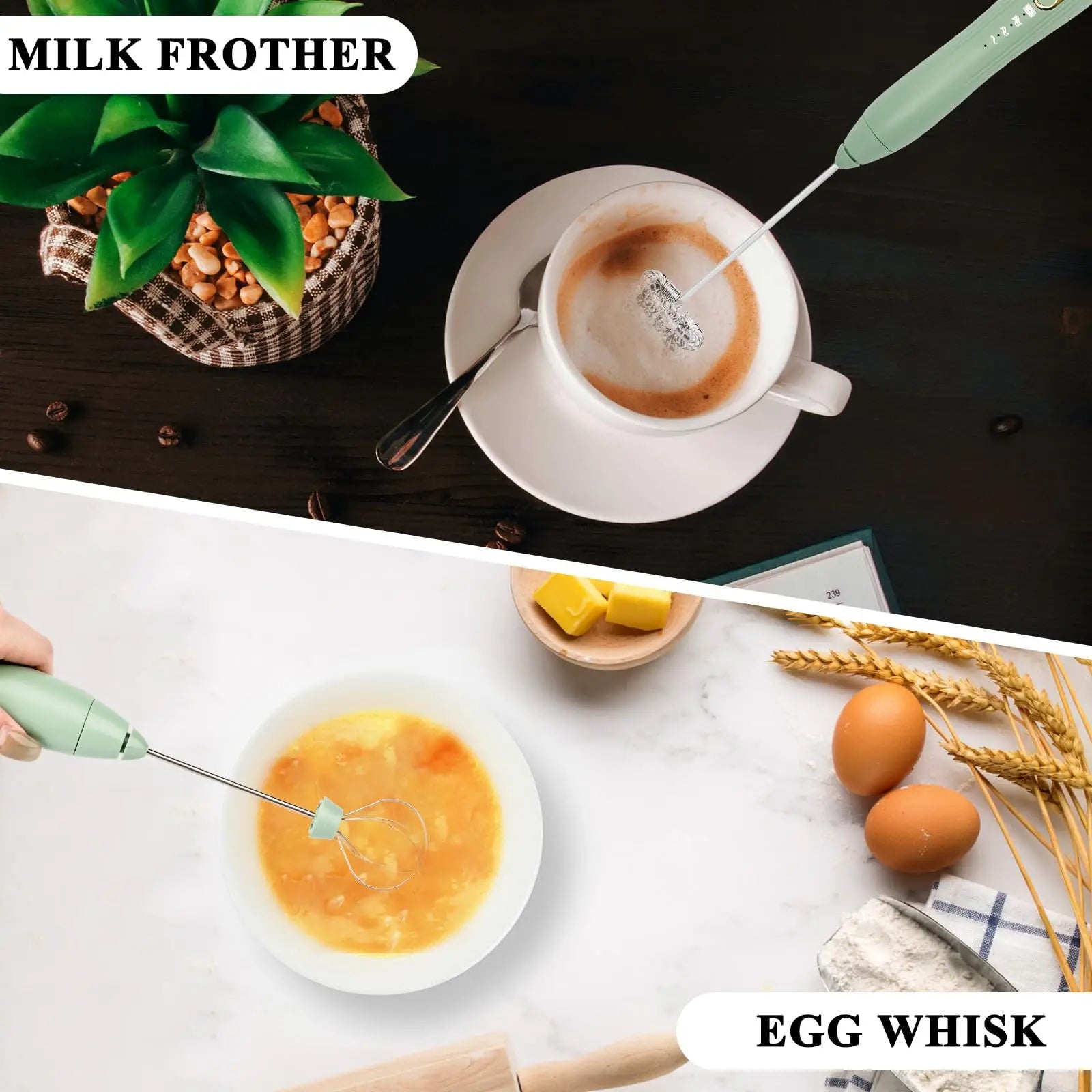 Rechargeable Electric Milk Frother 3 Speed Handheld Whisk with Dual Stainless Steel Heads and Stand – White