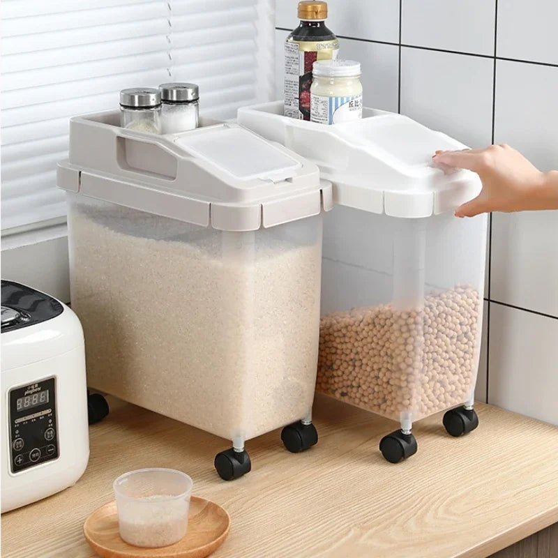 Rice Storage Container 10kg Airtight Kitchen Grain Bin with Wheels – Coffee