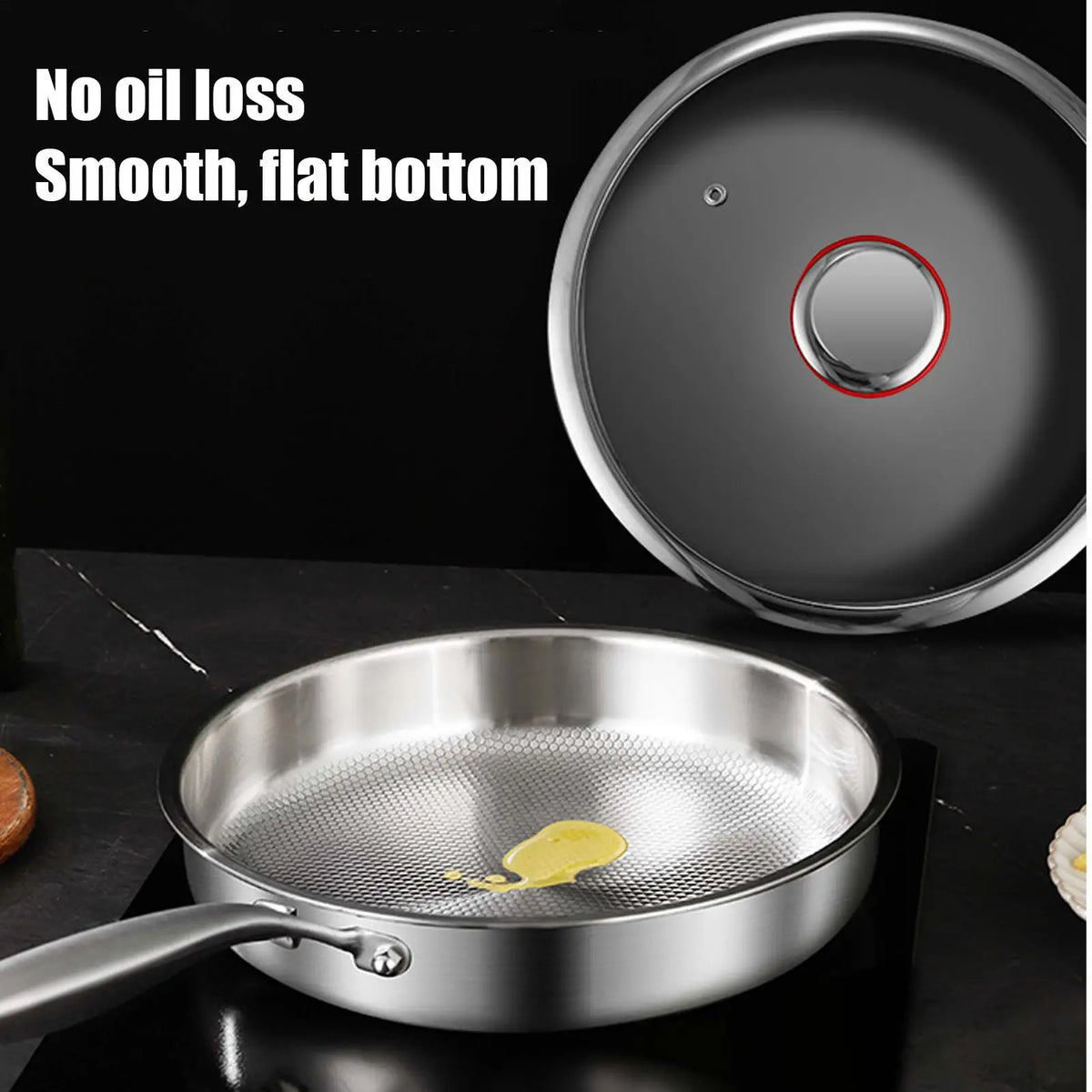 Titanium Frying Pan 24 cm with Glass Lid Uncoated Skillet for Gas and Induction