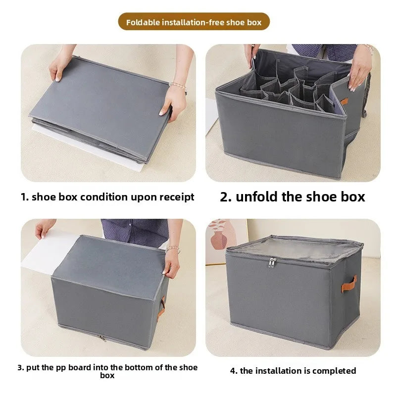 Foldable Grid Shoe Storage Organizer Box Portable Wardrobe Divider Non Woven Fabric 12 Compartment - Black