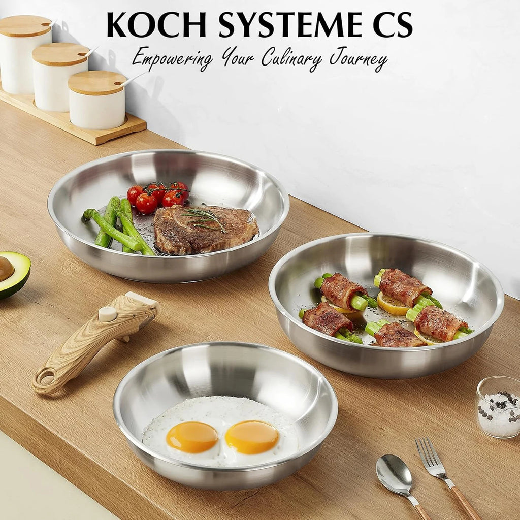 Stainless Steel Frying Pan Set with Removable Handle Induction Compatible 4PCS