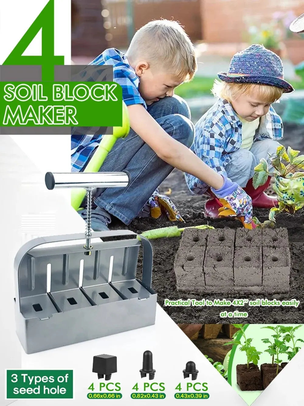 Soil Block Maker – 4-Cell Handheld 50mm Seedling Blocking Tool for Garden & Greenhouse Use