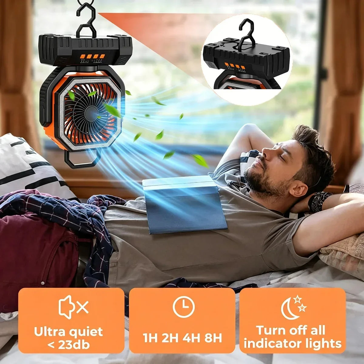 Camping Fan 20000mAh Rechargeable Portable Tent Air Circulator with LED Light – Green