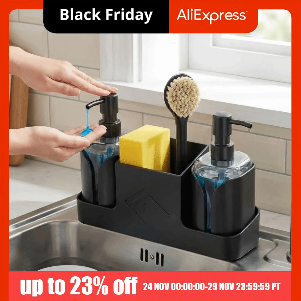 2 in 1 Kitchen Soap Dispenser with Sponge Holder Refillable Sink Caddy and Storage Tray – Black