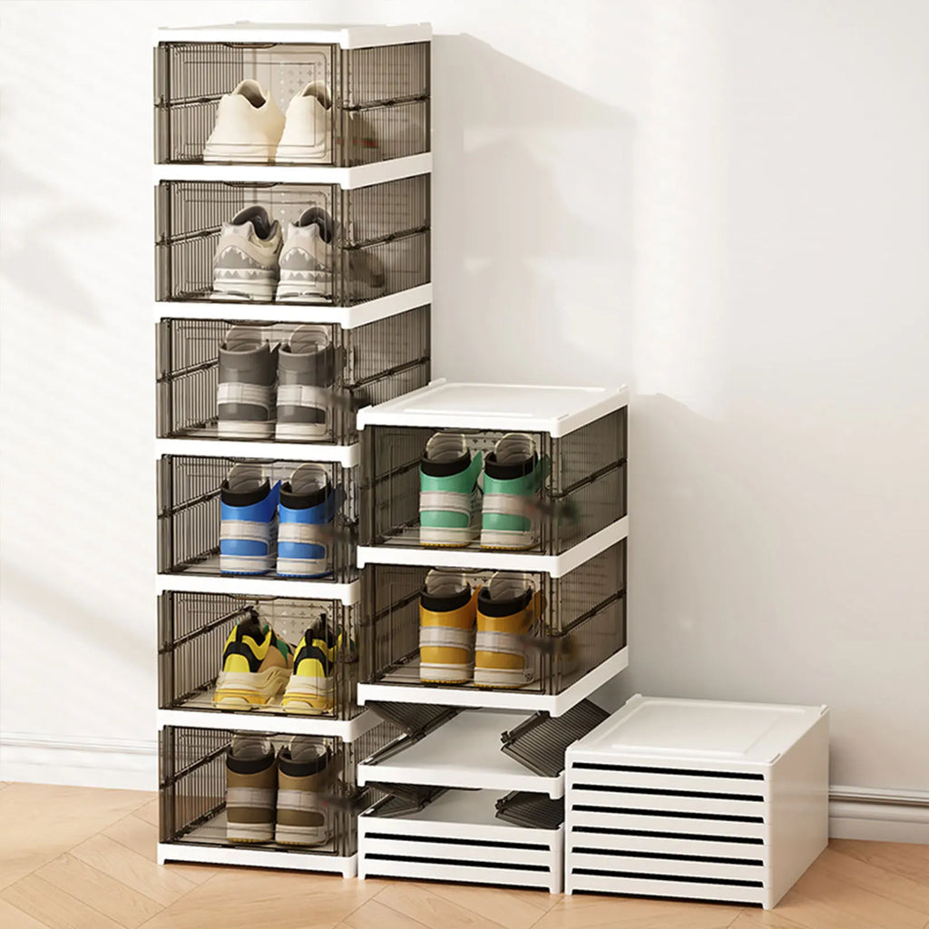 Foldable Transparent Shoe Storage Box – Stackable Organizer 6-Layer - Black