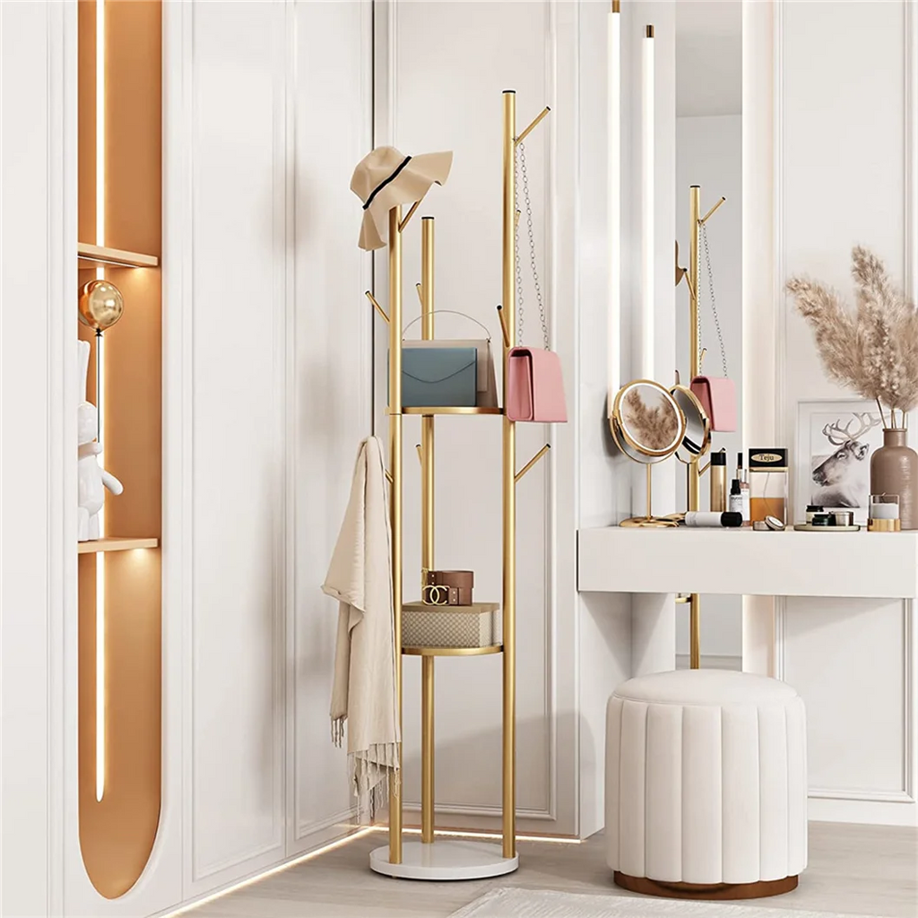 Coat Rack Stand 172cm Metal Hall Tree with Marble Shelf 9 Hooks Freestanding - Gold