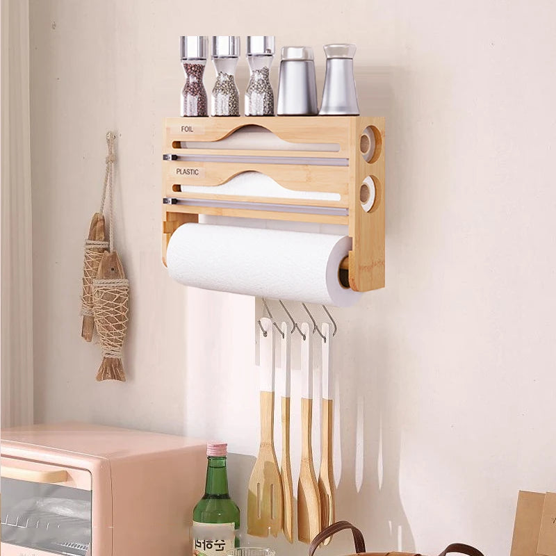 Kitchen Organizer Portable Bamboo Wrap Dispenser Cutter Box 2 Compartment Wall Mounted Storage