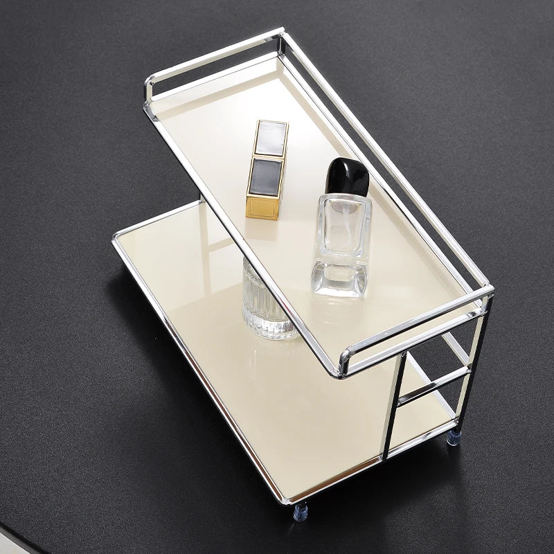Portable Double-Layer Metal Desktop Storage Rack Organizer for Cups and Cosmetics - White