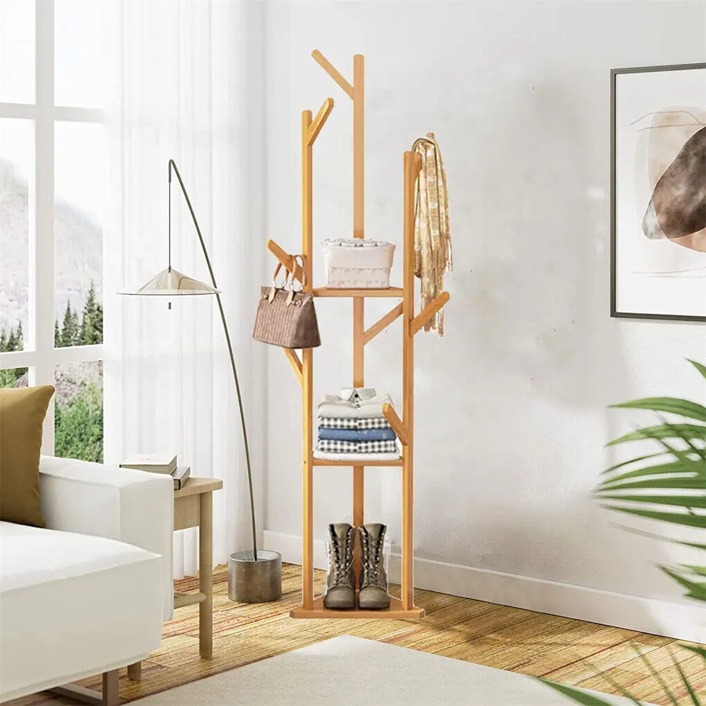 Bamboo Corner Coat Rack with Shelves Freestanding Clothes Hanger Tree Stand with 9 Hooks – Natural Wood