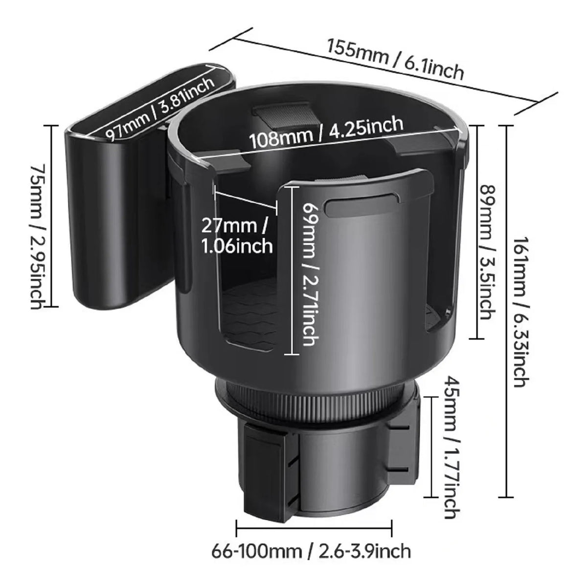 Car Cup Holder Expander 2 in 1 Adjustable Drink and Phone Holder - Black