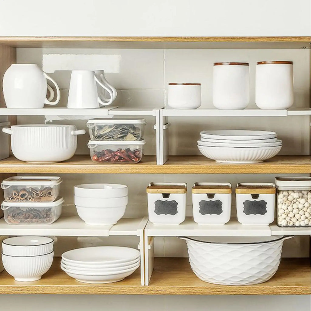 Expandable Cabinet Shelf Adjustable Countertop Storage Rack Space Saving Kitchen Organiser Bamboo Style