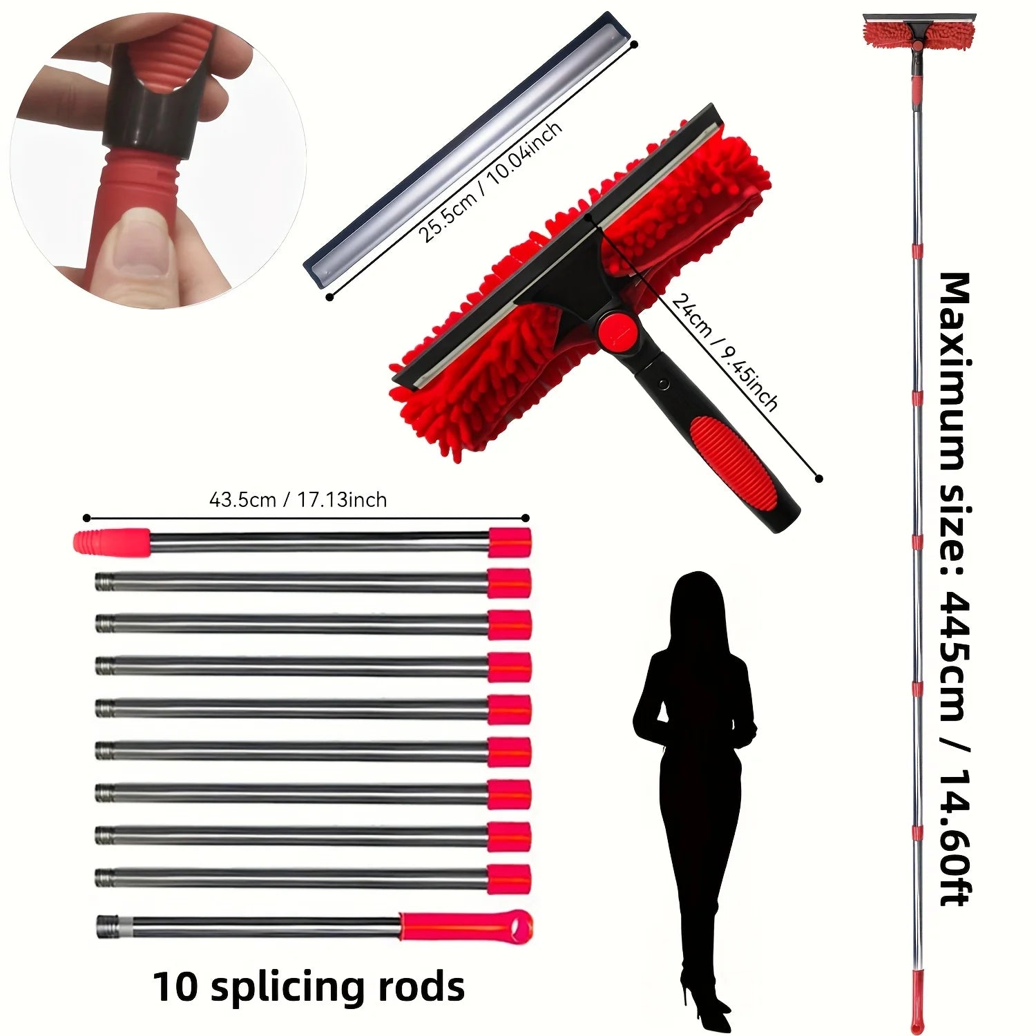 Window Cleaning Kit 2 in 1 Squeegee Microfiber Cleaner with 430cm Extension Pole Red