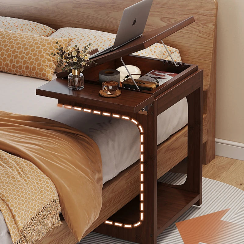 Mobile Side Table Adjustable Laptop Desk Bamboo Sofa End Table with Storage Shelf – Walnut