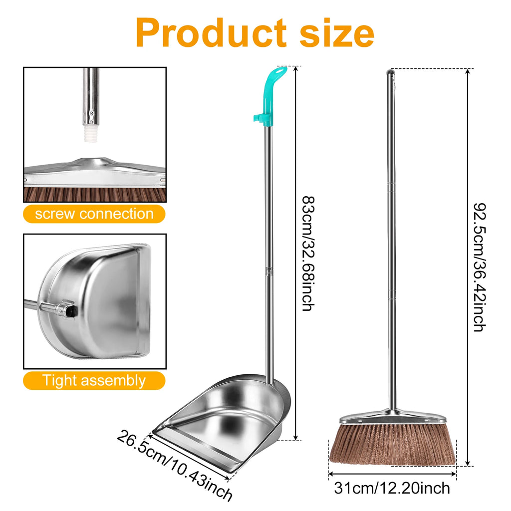 Broom and Dustpan Set Stainless Steel Long Handle Sweeping Cleaning Combo Round Dustpan