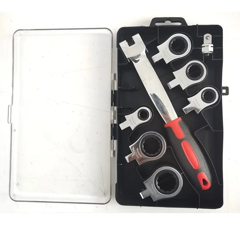 Ratchet Wrench Set Portable Multi Function Chrome Vanadium Steel 8 Piece Interchangeable Head Tool Kit