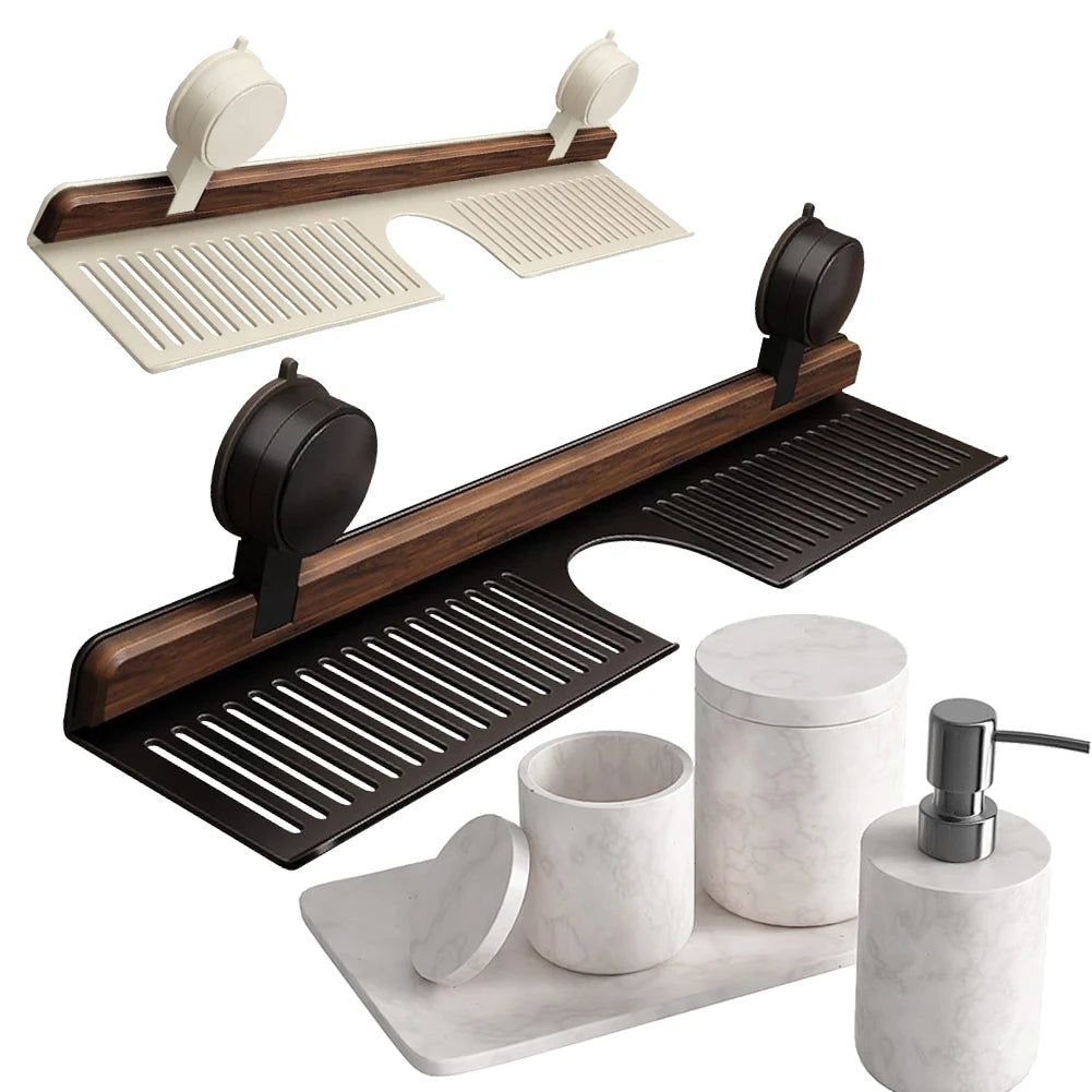 Bathroom Shelf Walnut Suction Cup Sink Organiser Over Faucet Storage Rack - Black