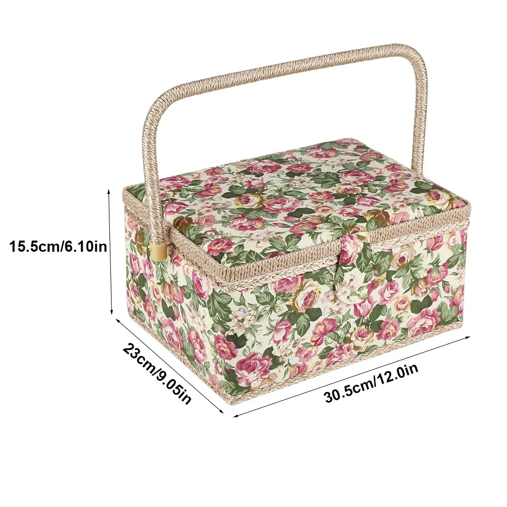 Portable Floral Fabric Sewing Storage Box Organizer with Handle Craft Tool Case