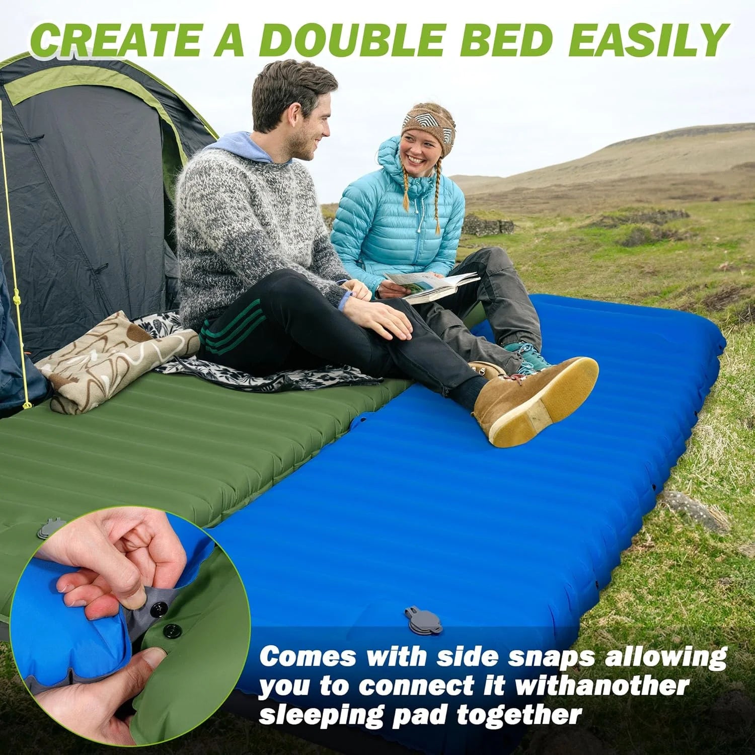 Camping Sleeping Pad Inflatable Mattress Extra Thick 4 Inch Ultralight Foldable Hiking Bed - Royal Blue