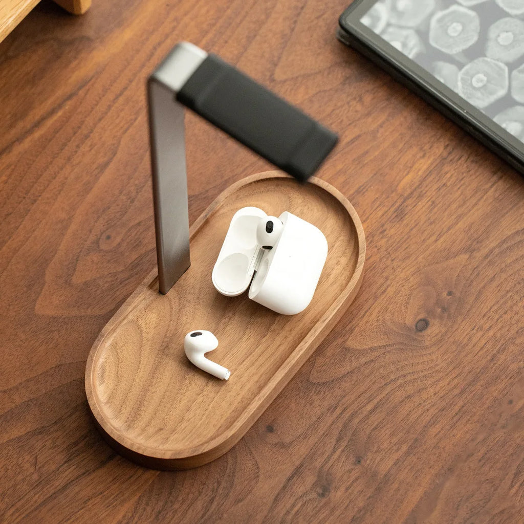 Wooden Headphone Stand with Storage Tray Desktop Headset Holder for Gaming Headphones and Accessories – Walnut