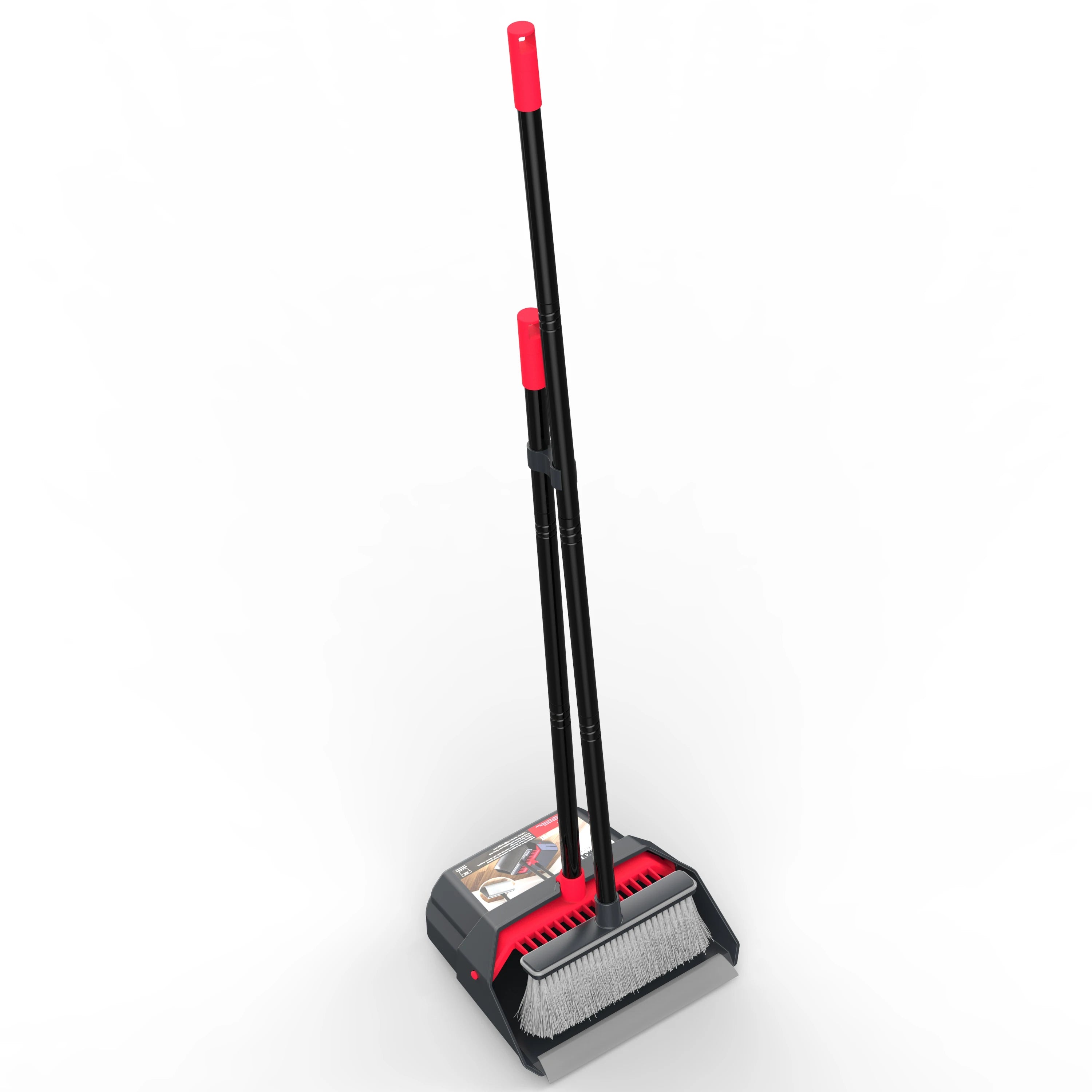 Broom and Dustpan Set Long Handle Adjustable Folding Upright Cleaning Tool - Red