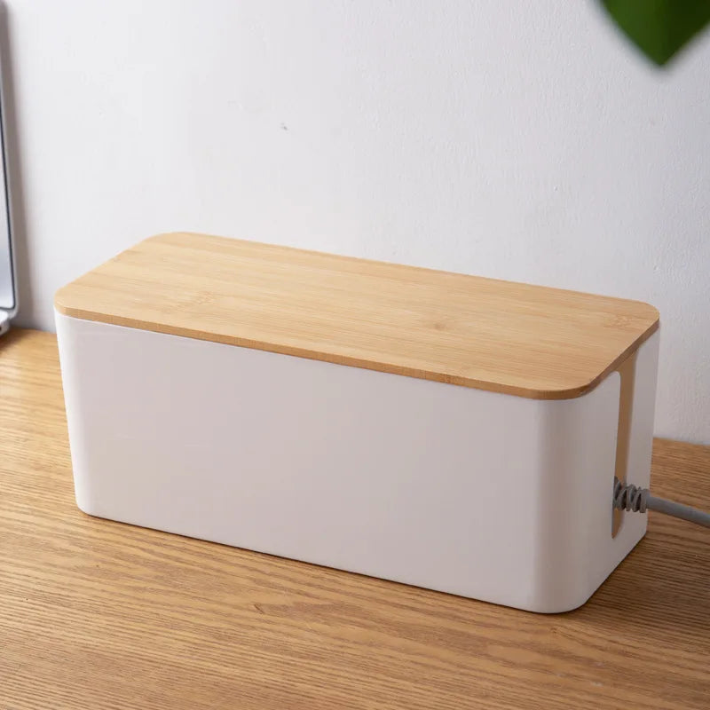 Cable Management Box 32cm Bamboo Lid Wire Organiser Power Board Storage Container - Black