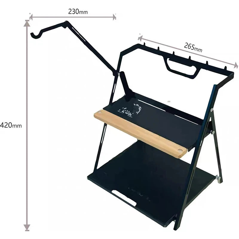 Camping Shelf Table Folding Outdoor Storage Rack with Lantern Hook – Black