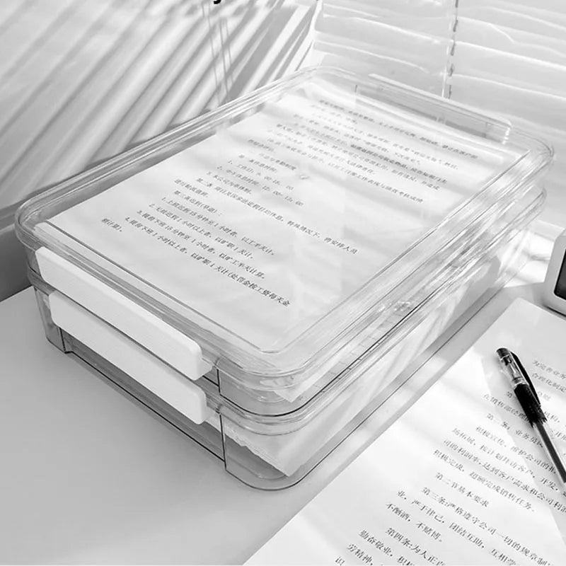 Clear PET A4 Document Storage Box with Lid Stackable Waterproof Desktop File Organizer – Short