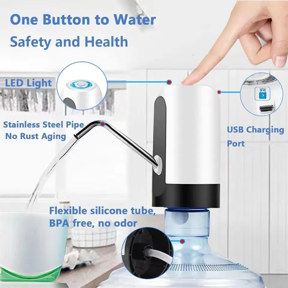 Water Bottle Pump USB Rechargeable Automatic Drinking Water Dispenser Portable One Touch – Black