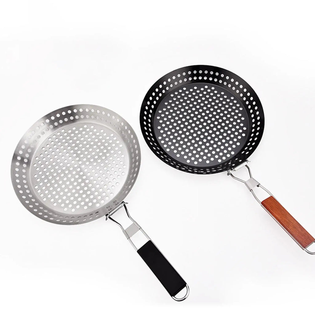 Grill Pan Stainless Steel Folding Stovetop Cooking Tray with Removable Handle - Black