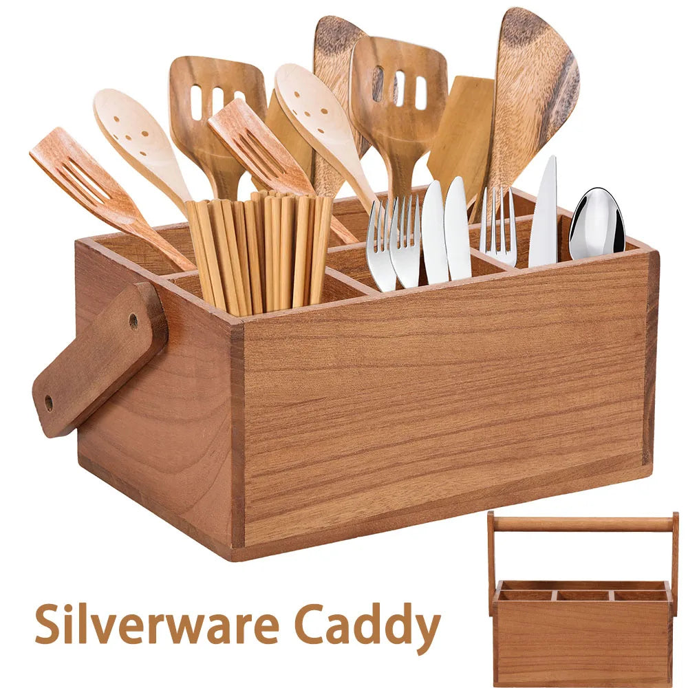 Wooden Utensil Holder 4 Compartments 23 cm Kitchen Storage Caddy with Carry Handle