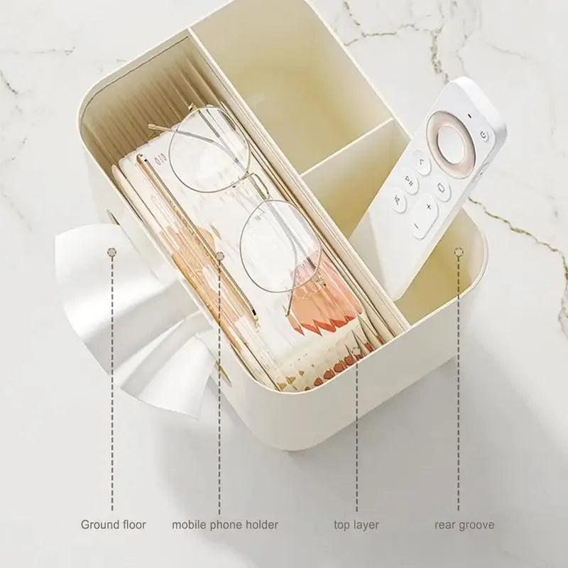 Tissue Box Holder with Storage Compartments and Remote Organiser ABS - Beige