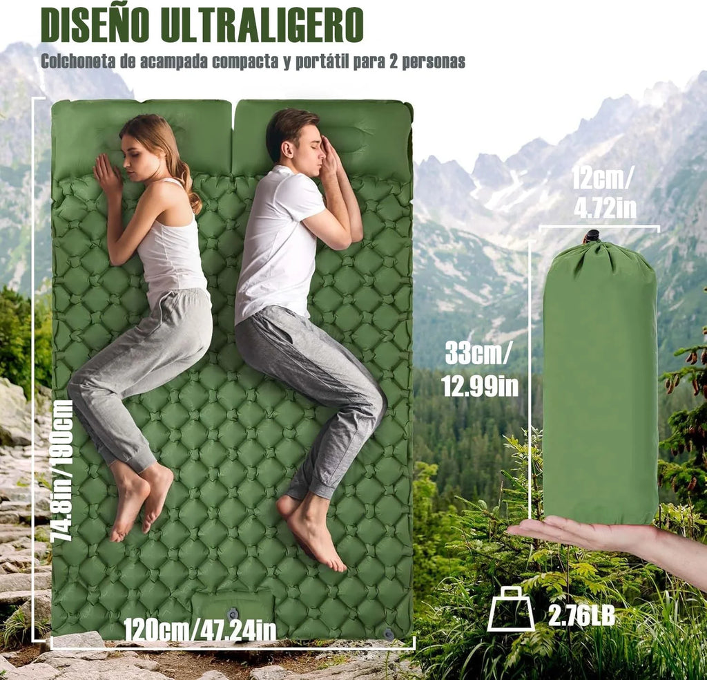 Camping Sleeping Pad Double Inflatable Mattress 190cm Portable Ultralight Folding Bed - Green