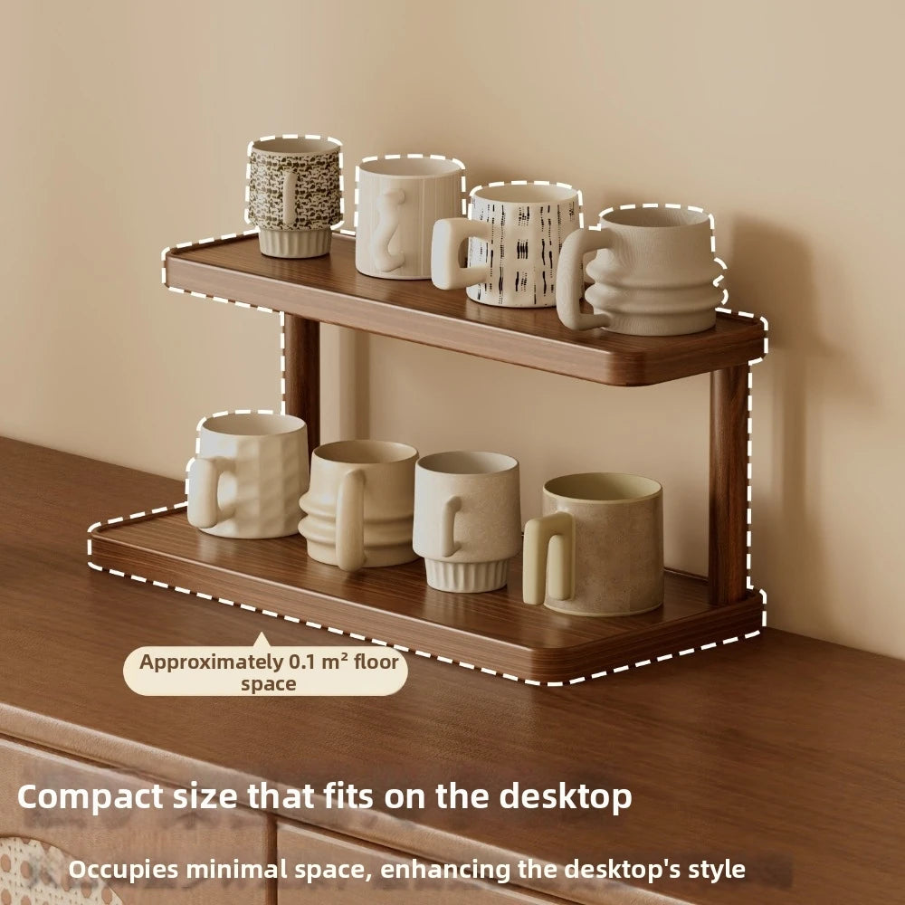 2 Tier Wooden Cup Storage Rack 50cm Coffee Mug Display Shelf Countertop Organizer for Kitchen Office