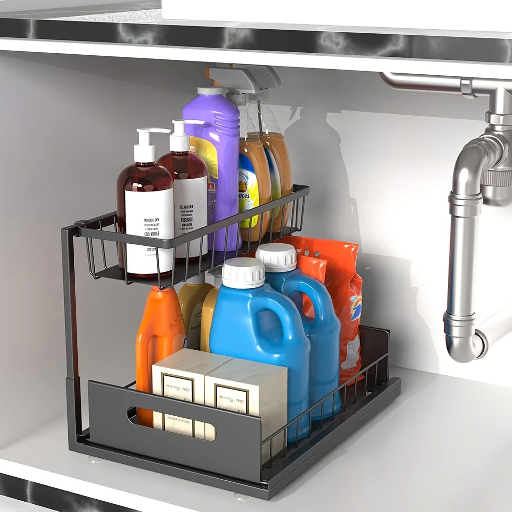 Storage Rack 2 Tier Sliding Under Sink Metal Cabinet Organiser - Black