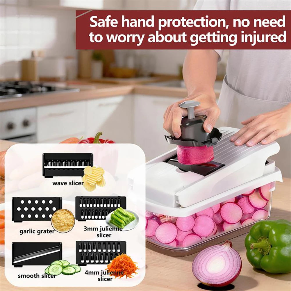 Vegetable Chopper 15 in 1 Multifunction Food Cutter with 8 Interchangeable Blades Container – White