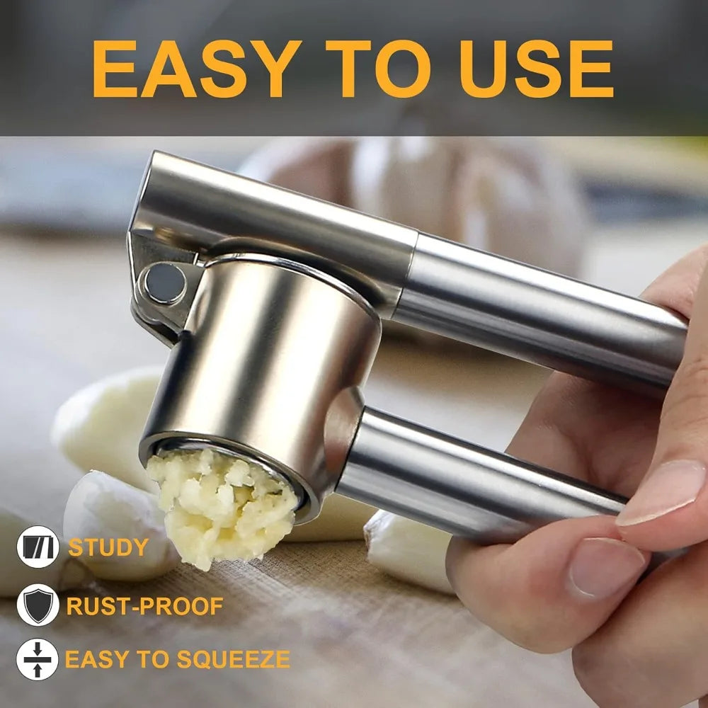 Garlic Press Set Manual Heavy Duty Stainless Steel Garlic Ginger Mincer Crusher Easy Clean Rust Resistant