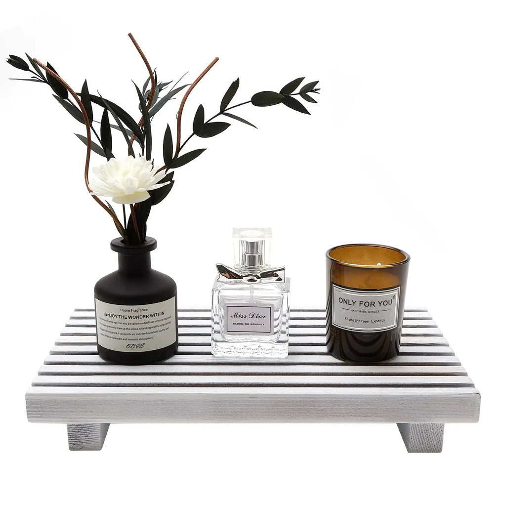 Wooden Bathroom Counter Organizer Display Riser Kitchen Countertop Tray Soap Dispenser Stand – White