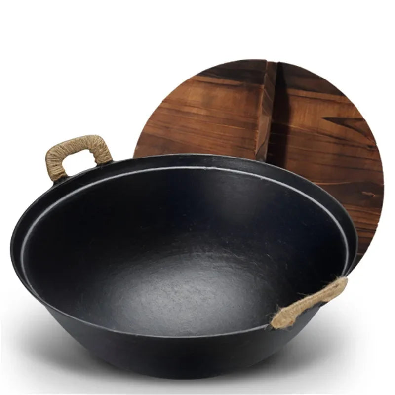 Cast Iron Wok Pot 40cm Round Bottom Non Coated Cooking Pot with Lid