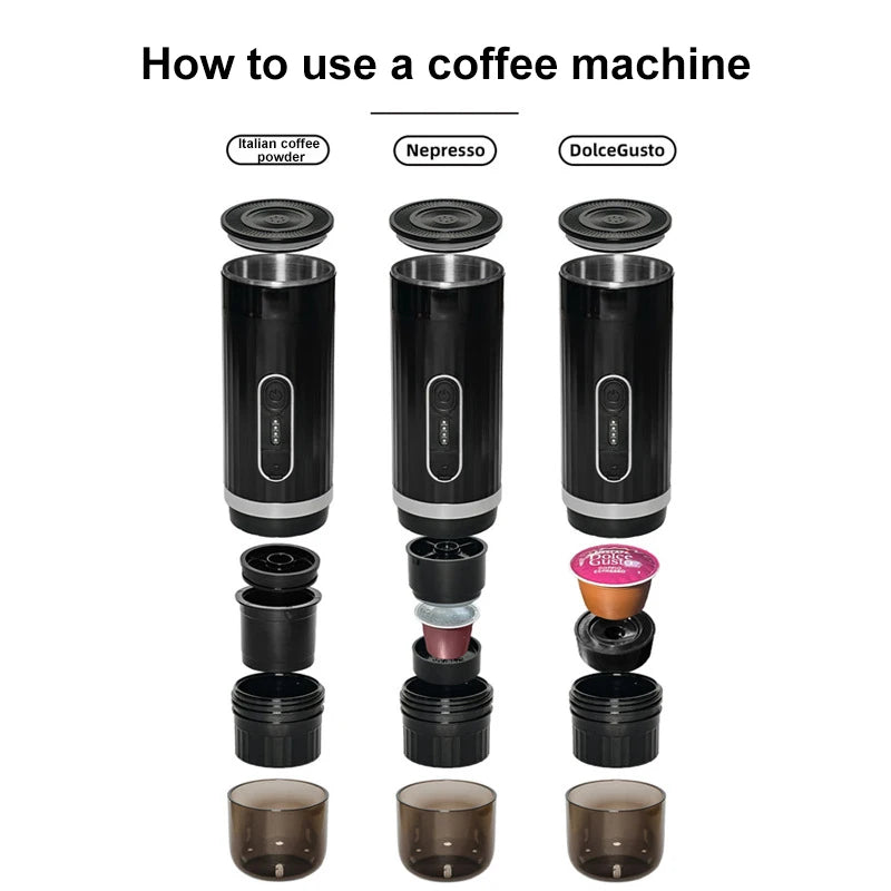 Portable Espresso Coffee Maker Wireless 3 in 1 Capsule Powder Machine 80ml - Black