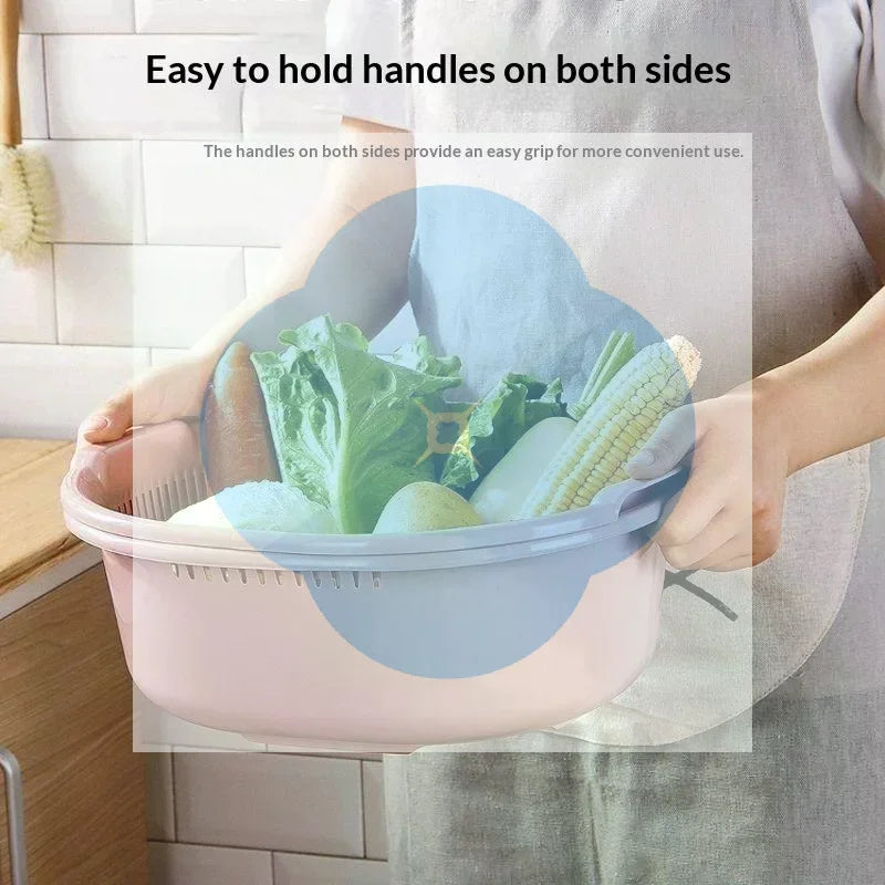 Double Layer Colander Set 30.4cm Plastic Vegetable Fruit Washing Bowl - Green