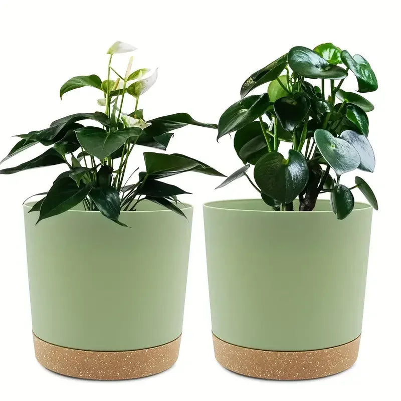 2Pcs Plant Pots 4.72 Inch Indoor Outdoor Planters With Drainage Holes And Saucer - Green