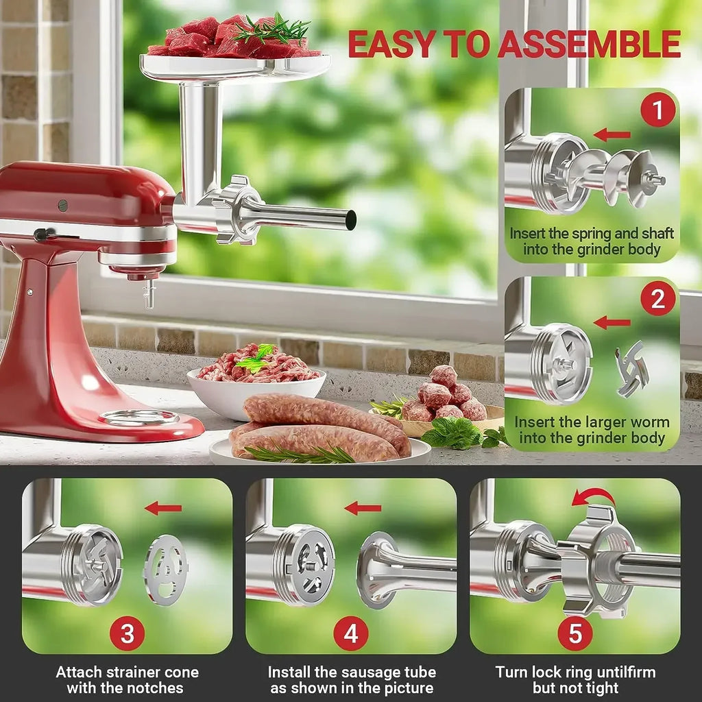 Metal Meat Grinder Attachment with Sausage Stuffer for Stand Mixer 2nd Gen 7-Piece Set