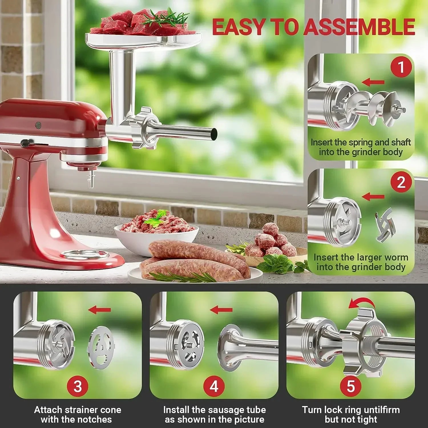 Metal Meat Grinder Attachment with Sausage Stuffer for Stand Mixer 2nd Gen 7-Piece Set