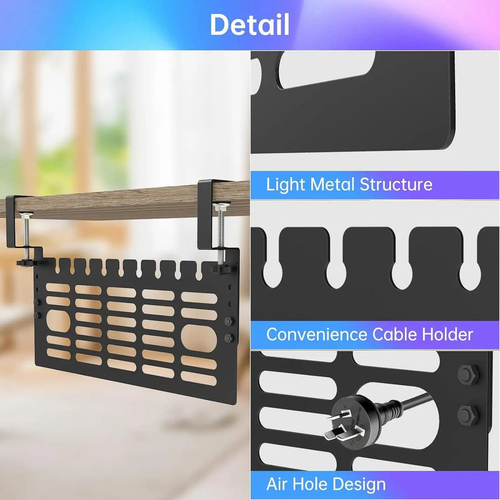 Under Desk Cable Management Tray Clamp-On Wire Organizer with Cable Clips for Office and Gaming Desk – Black