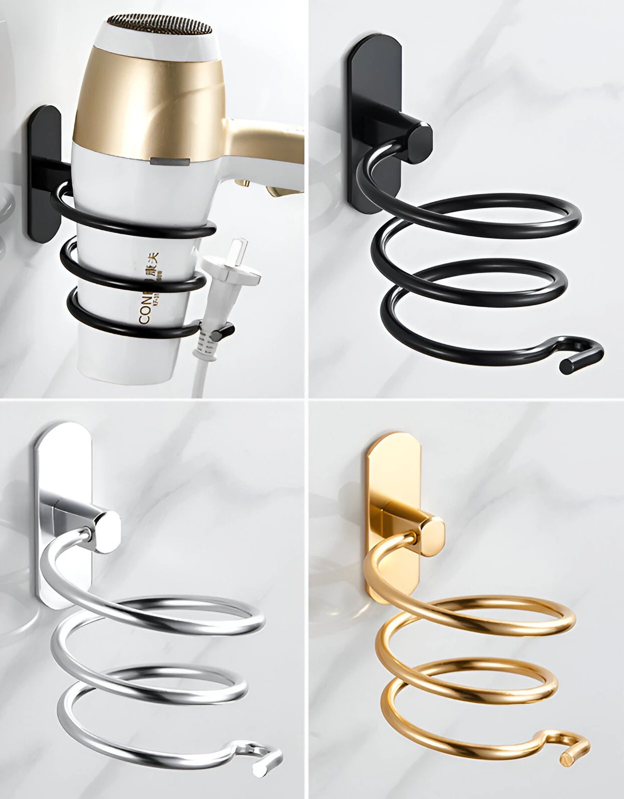 Wall Mounted Aluminum Hair Dryer Holder No Drill Bathroom Hair Dryer Rack Organizer – Gold