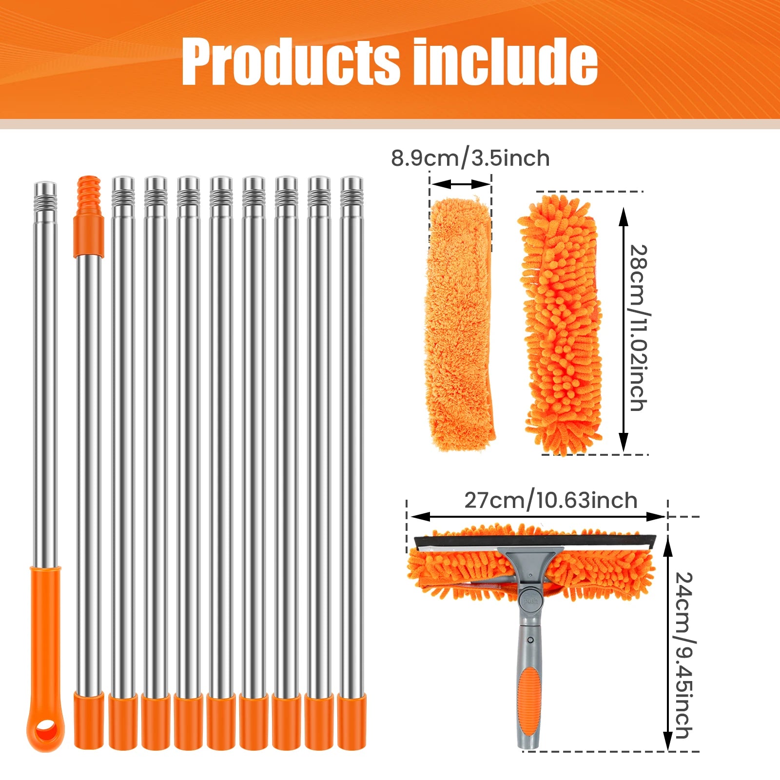 Window Cleaning Kit Extendable 2 in 1 Squeegee Mop 420cm Adjustable Pole with Microfiber Head - Orange